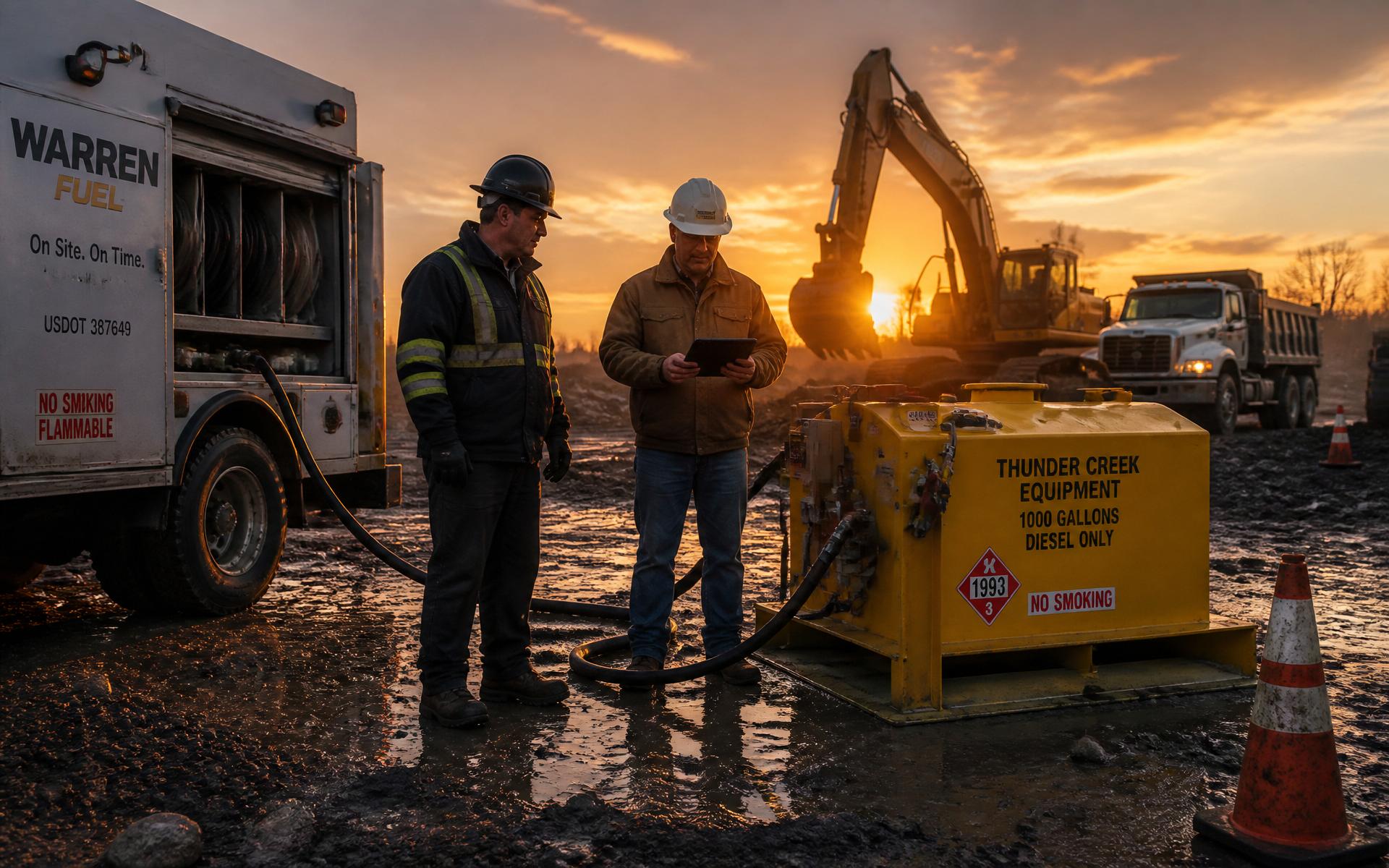 Fuel service truck refueling a jobsite diesel tank at sunrise while a contractor checks off delivery on a tablet