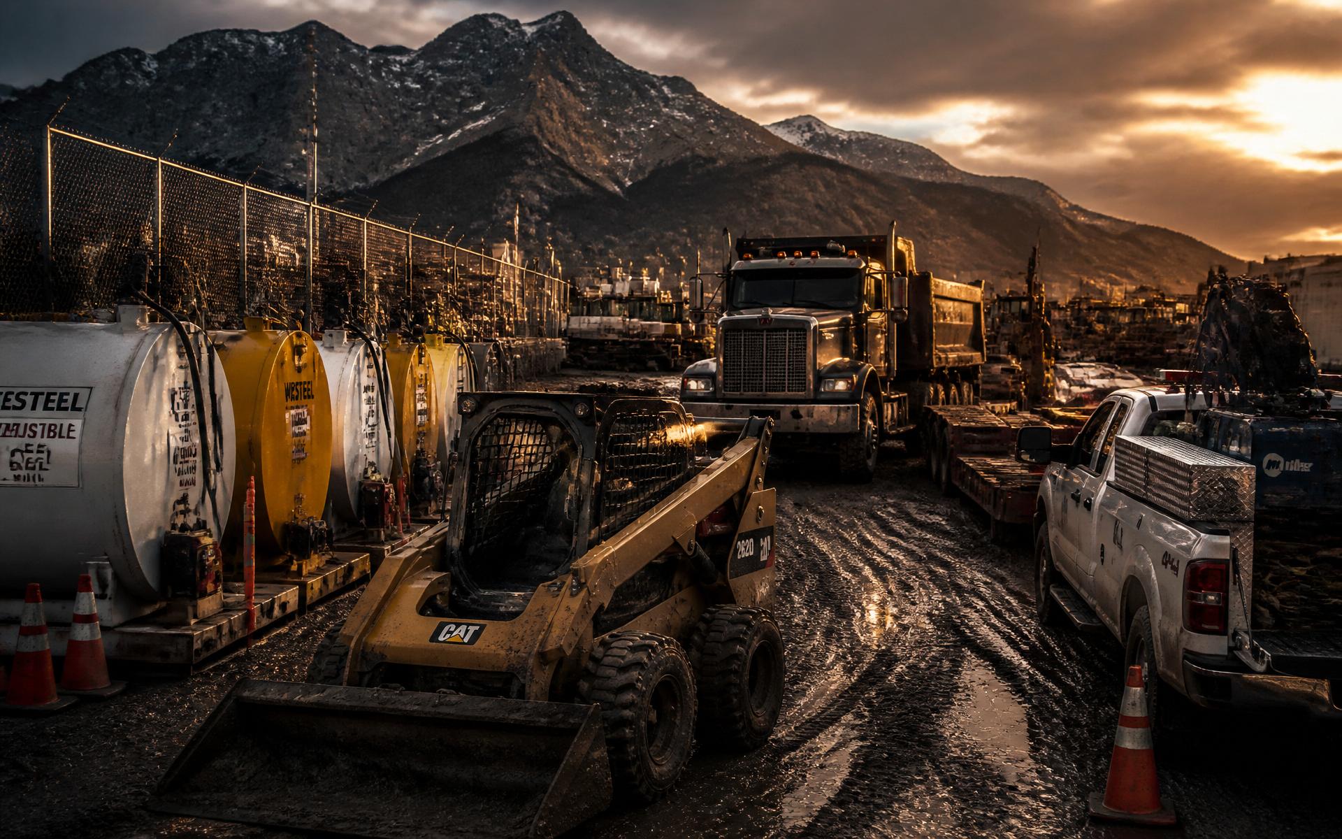 Contractor equipment yard at dusk with skid steer, dump truck, jobsite fuel tanks, and service pickup